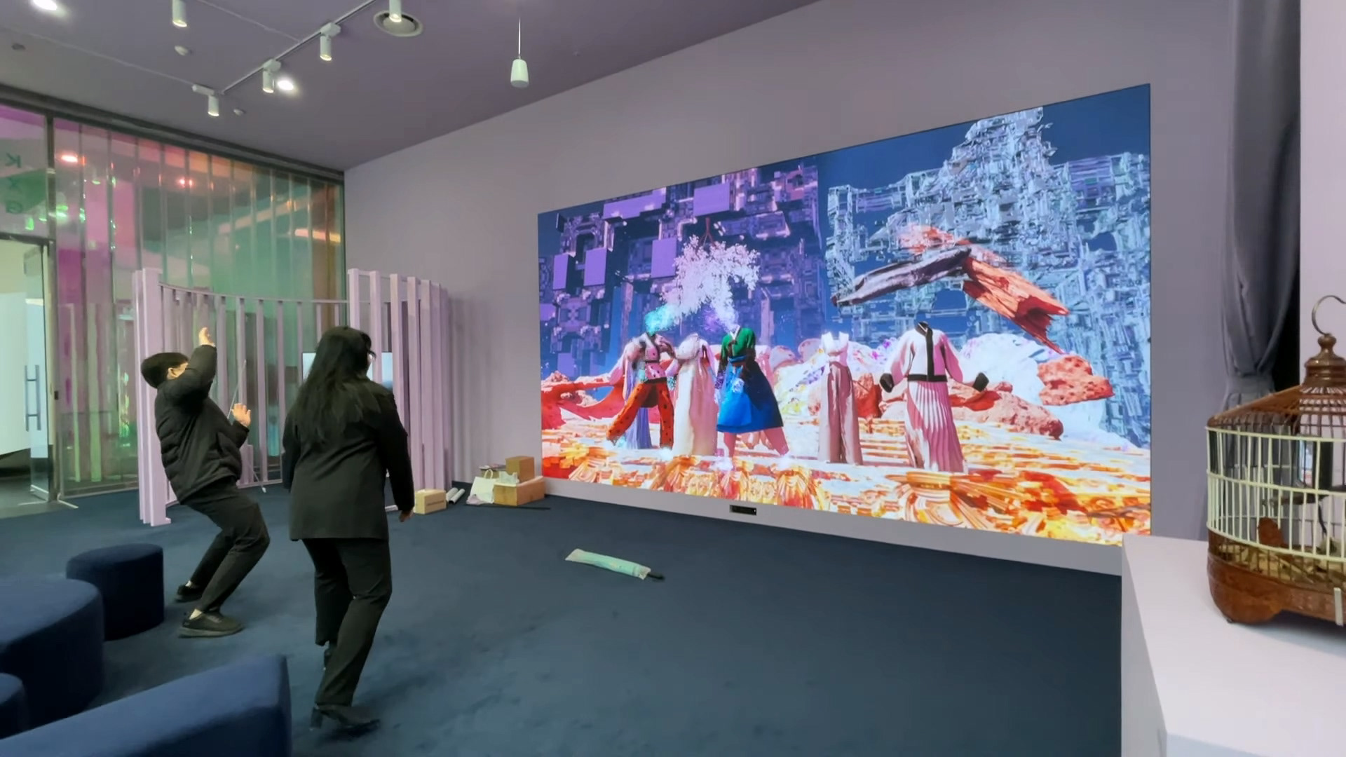 Visitors Interacting with Hanbok Digital Installation